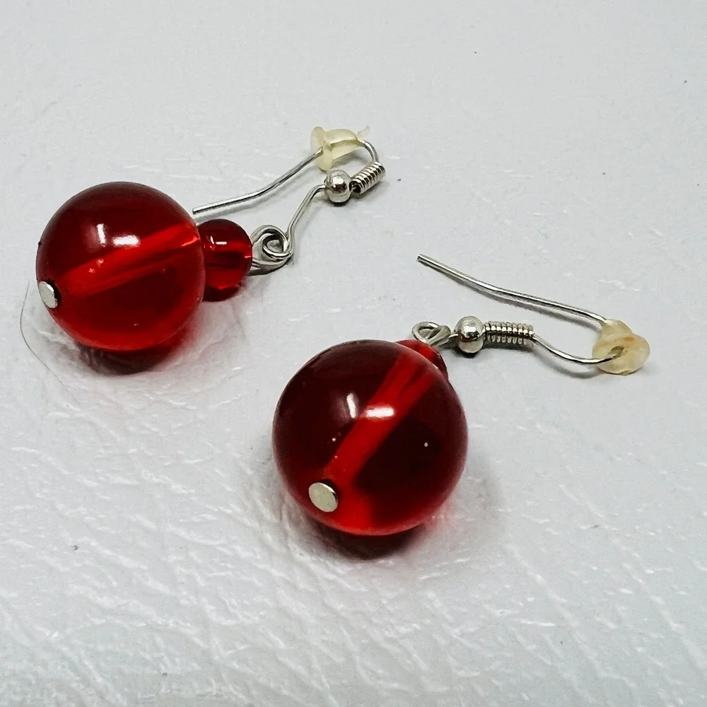 Red Translucent Earrings Double Glass Bead Dangle Drop‎ Silver Tone Hooks